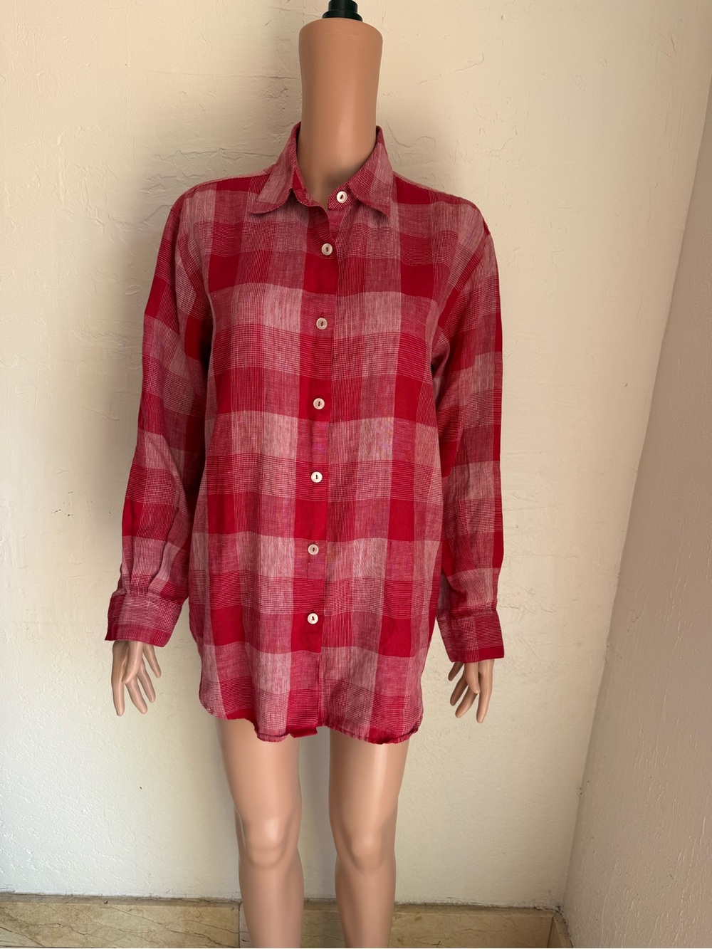 Liz Claiborne Liz Sport Y2K 100% Linen Red Check Button-Up Shirt Women’s Size M